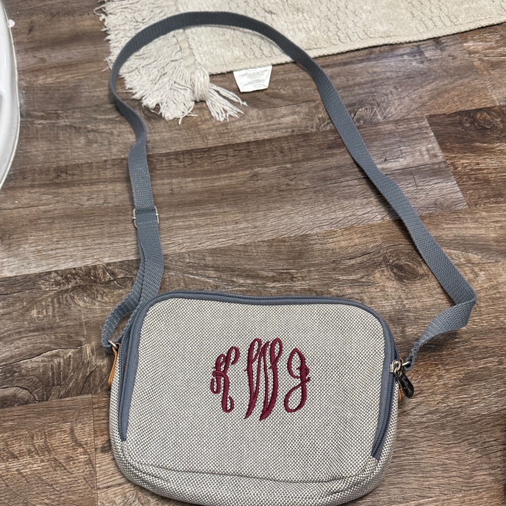 Thirty-One Gray Crossbody Bag with Red Monogram